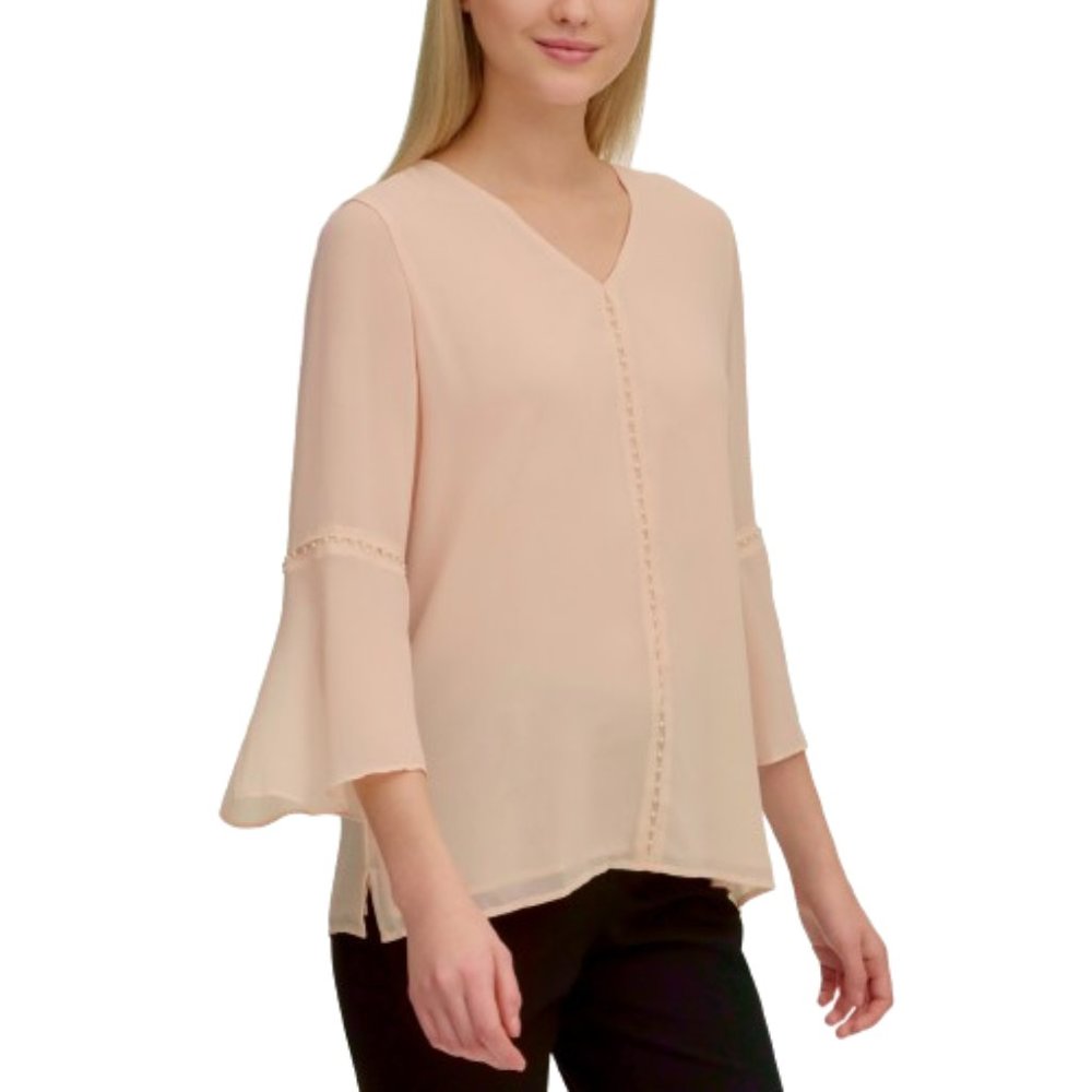 NWT Womens Size Medium Calvin Klein Blush Sheer Blouse Top with Pearl Details